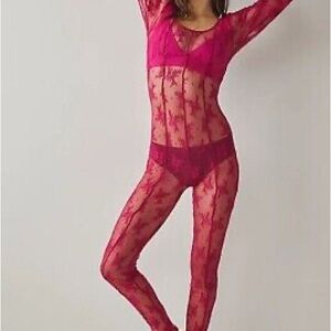 Free Intimately Free People In My Feels Pink Catsuit Lace Long Sleeve Bodysuit
